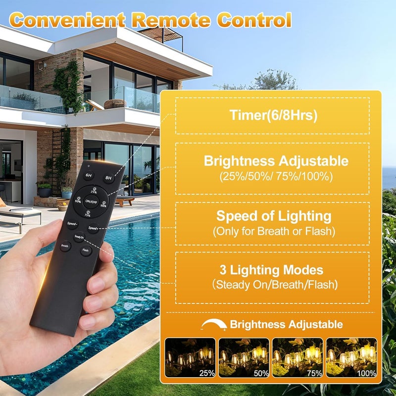 Bosceos 100FT Outdoor Solar String Lights with Remote, USB Rechargeable LED Patio Lights with 52 Timer Dimmable ST38 Edison Bulbs, Enhanced 5W Solar Panel Outside Hanging Lights for Porch Garden Deck Backyard - Image 5
